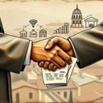 Immagine su tela di due persone che si stringono la mano con una città sullo sfondo
