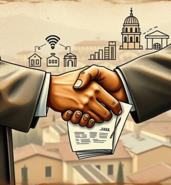 Immagine su tela di due persone che si stringono la mano con una città sullo sfondo