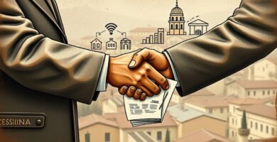 Immagine su tela di due persone che si stringono la mano con una città sullo sfondo