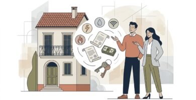 Immagine minimalista in stile cartone animato di 2 persone che conversano con simboli di servizi, documenti e chiavi intorno