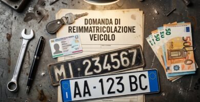 Immagine di un banco da meccanico con chiavi inglesi, alcuni cartelli di proprietà, un libretto di circolazione sporco e alcune banconote in euro accanto.