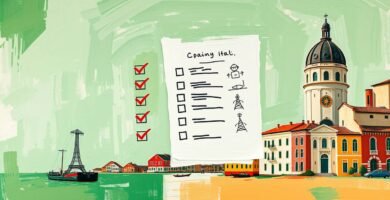 Immagine in formato dipinto di una città italiana con scheda informativa
