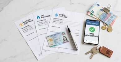 Immagine di bollette di utenze come acqua e gas, in alto un documento d'identità accanto a una penna, accanto a un cellulare con chiavi e banconote in euro intorno
