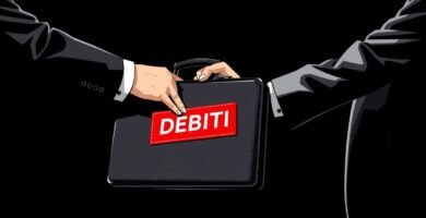 Immagine su sfondo nero di due mani che si scambiano una valigetta con un'etichetta di debito al centro.