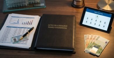 Immagine di una scrivania accanto a una lampada, accanto ad essa una scrivania con il titolo dell'articolo, banconote in euro e un tablet con informazioni e un organigramma.