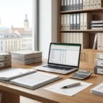 Immagine dell'interno di un ufficio con scrivania, documenti, cartelle e un computer portatile.