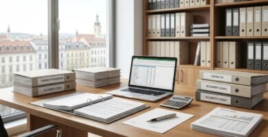 Immagine dell'interno di un ufficio con scrivania, documenti, cartelle e un computer portatile.