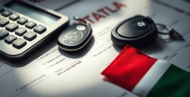 Immagine di chiavi di un'auto, una calcolatrice e documenti cartacei