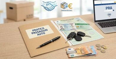Immagine di una scrivania marrone con al centro una cartella recante il titolo dell'articolo, affiancata da documenti d'identità, banconote, un computer portatile e chiavi.