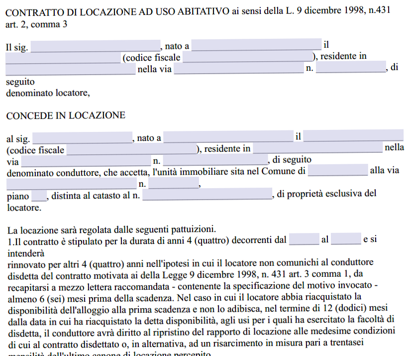 Fac Simile Contratto di Affitto con Utenze Comprense