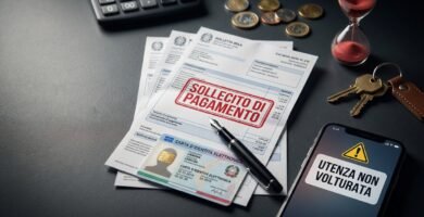 Immagine di una pila di documenti con un timbro rosso di errore di trasferimento, un documento d'identità e una penna accanto ad alcune monete, chiavi e una clessidra.