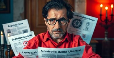 Immagine di un uomo che guarda dritto davanti a sé con un'espressione preoccupata e tiene in mano diversi documenti.