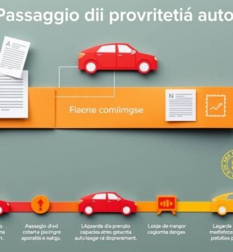 Immagine di un'auto in stile disegno su carta insieme a informazioni sul trasferimento di proprietà