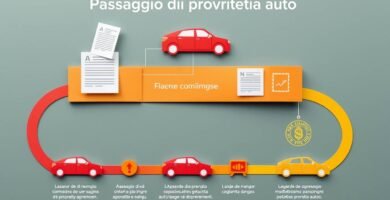 Immagine di un'auto in stile disegno su carta insieme a informazioni sul trasferimento di proprietà