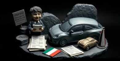 Immagine in stile bambola di un uomo accanto a una macchinina che controlla alcuni documenti