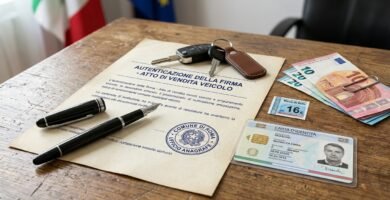 Immagine di un documento con autenticazione della firma, una penna aperta, chiavi, un documento d'identità e banconote in euro a lato.