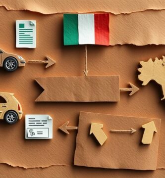 Immagine in stile papercut di automobili, del simbolo della bandiera italiana e della mappa del Paese.