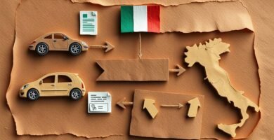 Immagine in stile papercut di automobili, del simbolo della bandiera italiana e della mappa del Paese.
