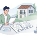 Immagine minimalista in stile fumetto di un uomo seduto a una scrivania che esamina alcuni documenti.
