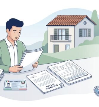 Immagine minimalista in stile fumetto di un uomo seduto a una scrivania che esamina alcuni documenti.