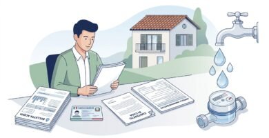 Immagine minimalista in stile fumetto di un uomo seduto a una scrivania che esamina alcuni documenti.