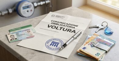 Immagine di un contatore dell'acqua accanto a una scrivania con documenti d'identità, banconote in euro e un foglio di carta con il nome dell'oggetto scritto sopra.