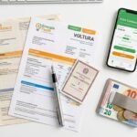 Immagini di un documento di trasferimento accanto a una scheda di proprietà, banconote in euro, una penna e un telefono cellulare con informazioni sull'oggetto, il tutto su un tavolo bianco.