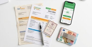 Immagini di un documento di trasferimento accanto a una scheda di proprietà, banconote in euro, una penna e un telefono cellulare con informazioni sull'oggetto, il tutto su un tavolo bianco.