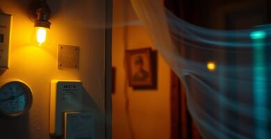 Immagine di un contatore del gas davanti a un contatore dell'elettricità in una vecchia stanza illuminata da una luce gialla