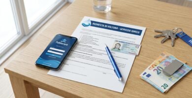 Immagine ravvicinata di un documento di richiesta accanto a una carta d'identità, un telefono cellulare di lato, mazzette di banconote e chiavi.