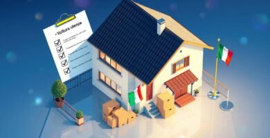 Immagine di una casa con la bandiera italiana e oggetti come documenti