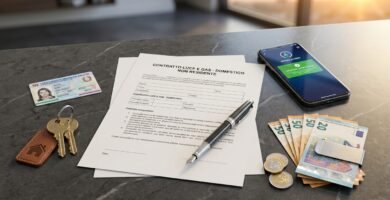 Immagine ravvicinata di una scrivania con un documento d'identità, un telefono cellulare, una richiesta di bonifico obbligatorio, una penna e delle banconote in euro a lato.