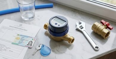 Immagine di un contatore dell'acqua accanto a documenti d'identità, un bicchiere d'acqua e una chiave inglese.