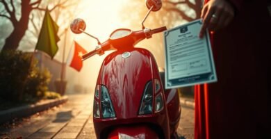 Immagine di uno scooter rosso sulla strada accanto a un certificato tenuto da una persona