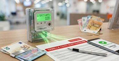 Immagine di un piccolo contatore elettrico accanto a documenti, banconote in euro e un telefono cellulare.