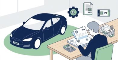 Immagine di un uomo seduto in ufficio intento a esaminare dei documenti, con un'auto davanti a lui. L'immagine presenta uno stile minimalista e pulito.