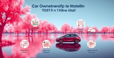Immagine di un'auto in un lago accanto ad alberi rosa e informazioni sui trasferimenti in auto