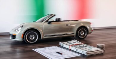 Immagine caricaturale di un'auto in corsa accanto a mazzette di banconote
