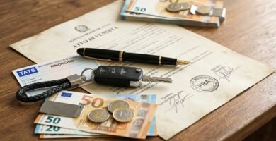 Immagine di un vecchio atto di proprietà, banconote in euro, una chiave di un veicolo e un assegno.
