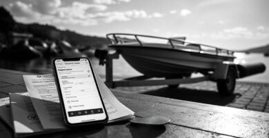 Immagine di una barca su sfondo bianco e nero con uno smartphone in primo piano