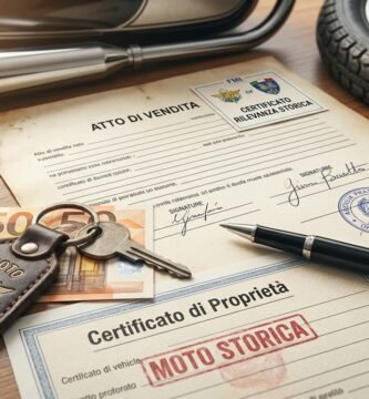 Immagine di vecchi documenti di proprietà di una motocicletta, nuovi documenti, banconote in euro e un telefono cellulare. Sullo sfondo si vede una motocicletta.