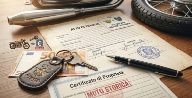 Immagine di vecchi documenti di proprietà di una motocicletta, nuovi documenti, banconote in euro e un telefono cellulare. Sullo sfondo si vede una motocicletta.