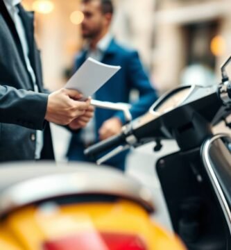 Immagine di due persone che scambiano i documenti di proprietà di una motocicletta