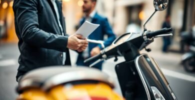 Immagine di due persone che scambiano i documenti di proprietà di una motocicletta