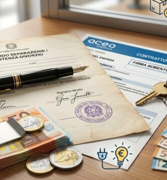 Immagine di una scrivania con un vecchio documento di separazione, banconote in euro, un documento attuale, chiavi e banconote in euro.