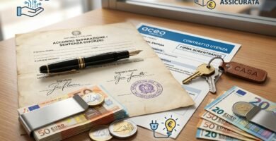 Immagine di una scrivania con un vecchio documento di separazione, banconote in euro, un documento attuale, chiavi e banconote in euro.