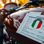 Immagine di una motocicletta rossa con un documento di proprietà sulla sella.