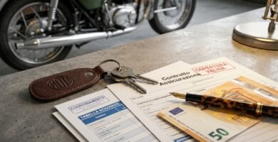 Immagine di un documento di trasferimento di proprietà di una motocicletta, una penna, delle chiavi, delle banconote in euro e una motocicletta sullo sfondo.