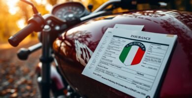 Immagine di una motocicletta rossa con un documento di proprietà sulla sella.