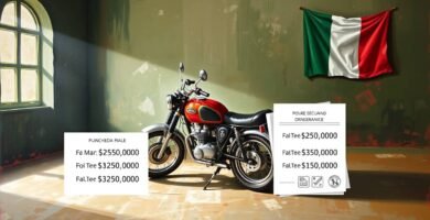 Immagine di una motocicletta in una stanza con la bandiera italiana e informazioni sui prezzi dei passaggi di proprietà.